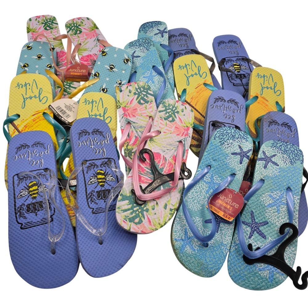 Lot of 10 Juncture Womens Flip Flops Sandals Summer Prints Bee Starfish NWT O8